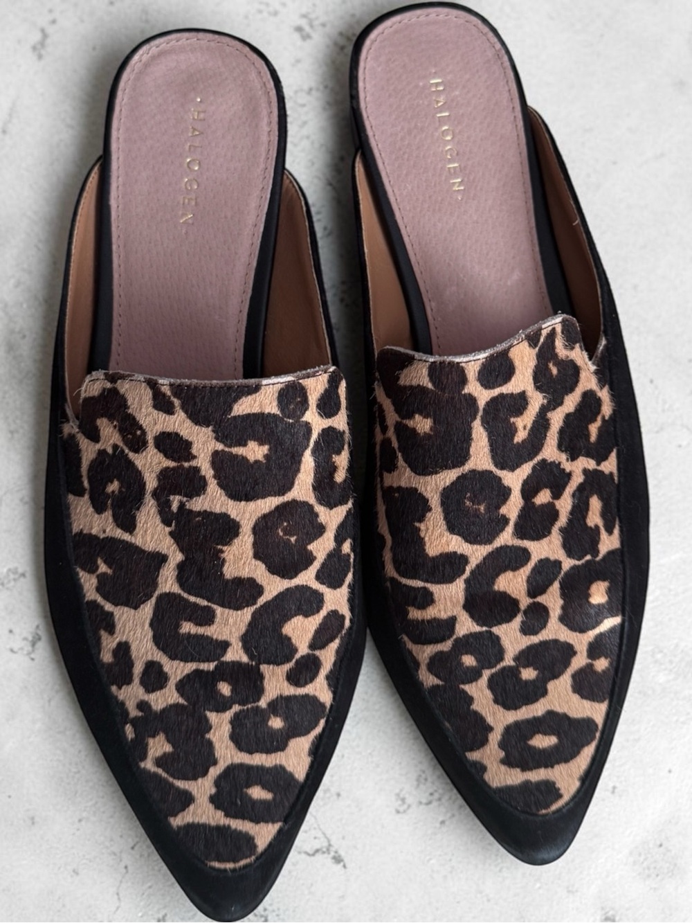 Halogen Leopard Print Pointed Toe Slip-On Mules - Black/Tan/Pink size 6